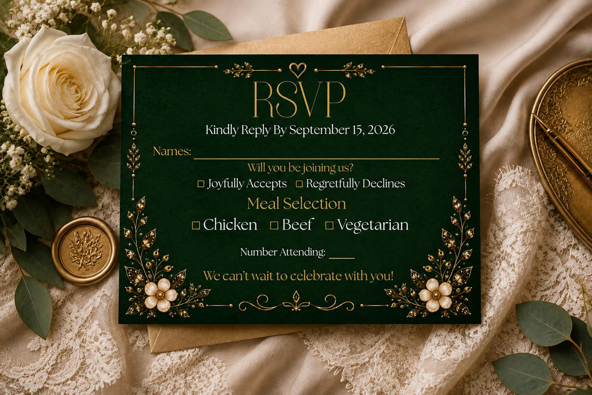 Emerald Green and Gold Wedding Invitation Suite