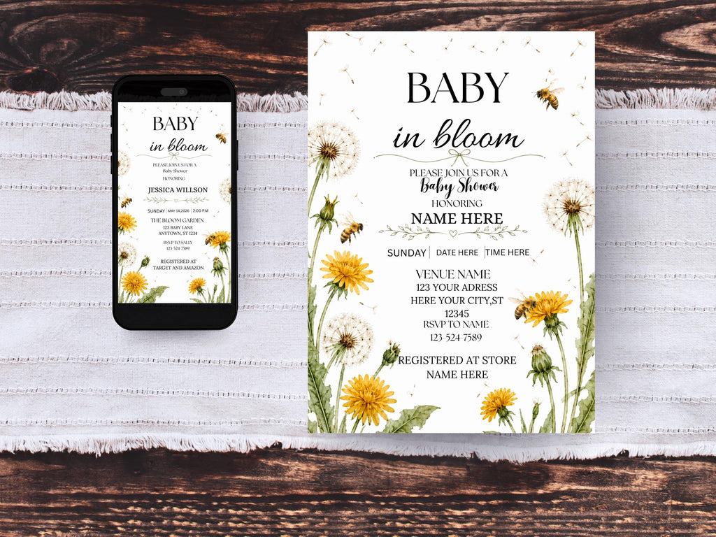 Baby In Bloom Dandelion Baby Shower Invitation Template (Digital Download)