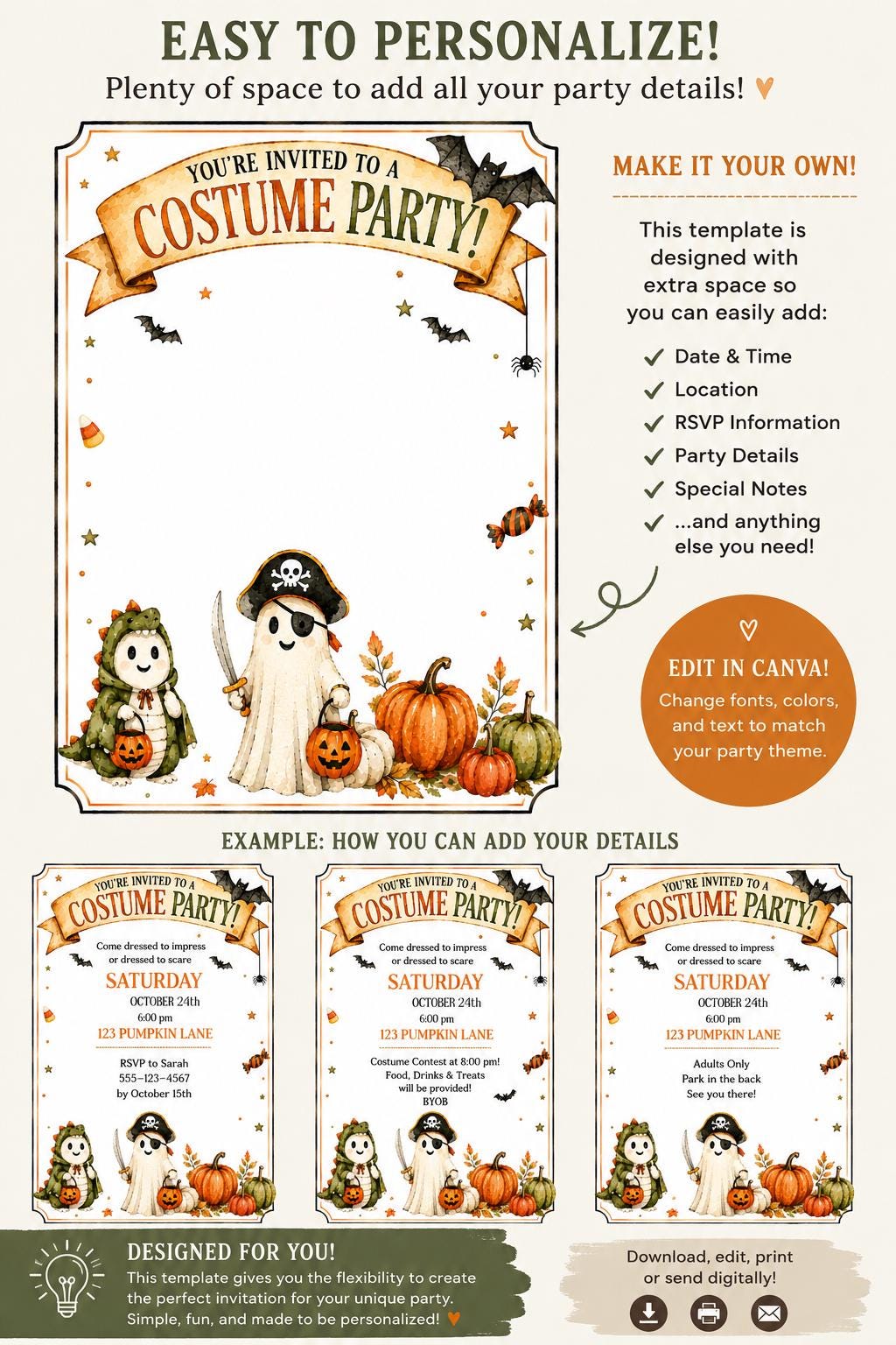 Editable Watercolor Costume Party Invitation | Halloween Invite (Digital Download)