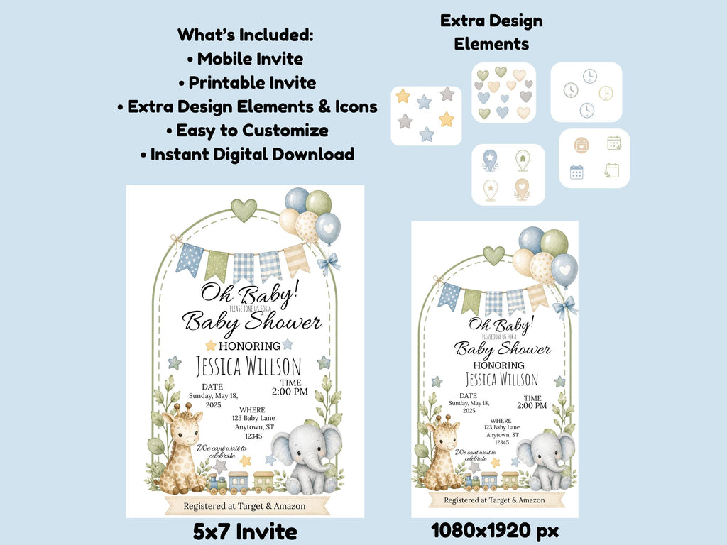 Safari Baby Shower Invitation Template Editable Canva Baby Boy Invite Jungle Animals Digital Download