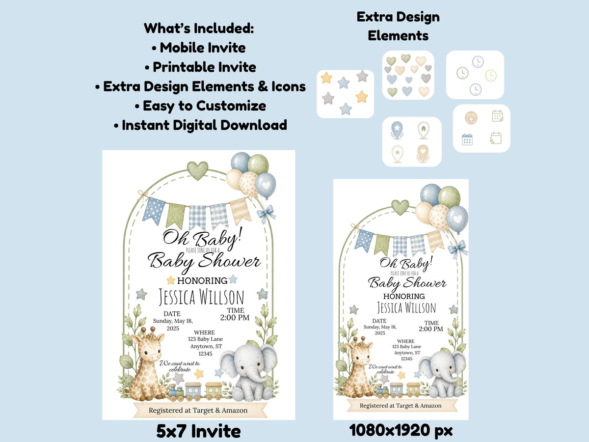 Safari Baby Shower Invitation Template Editable Canva Baby Boy Invite Jungle Animals Digital Download