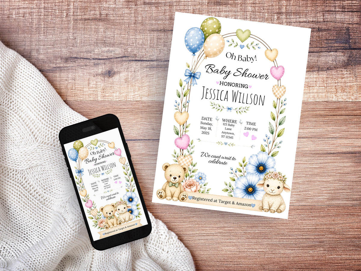 Teddy Bear Lamb Baby Shower Invitation Template (Digital Download)