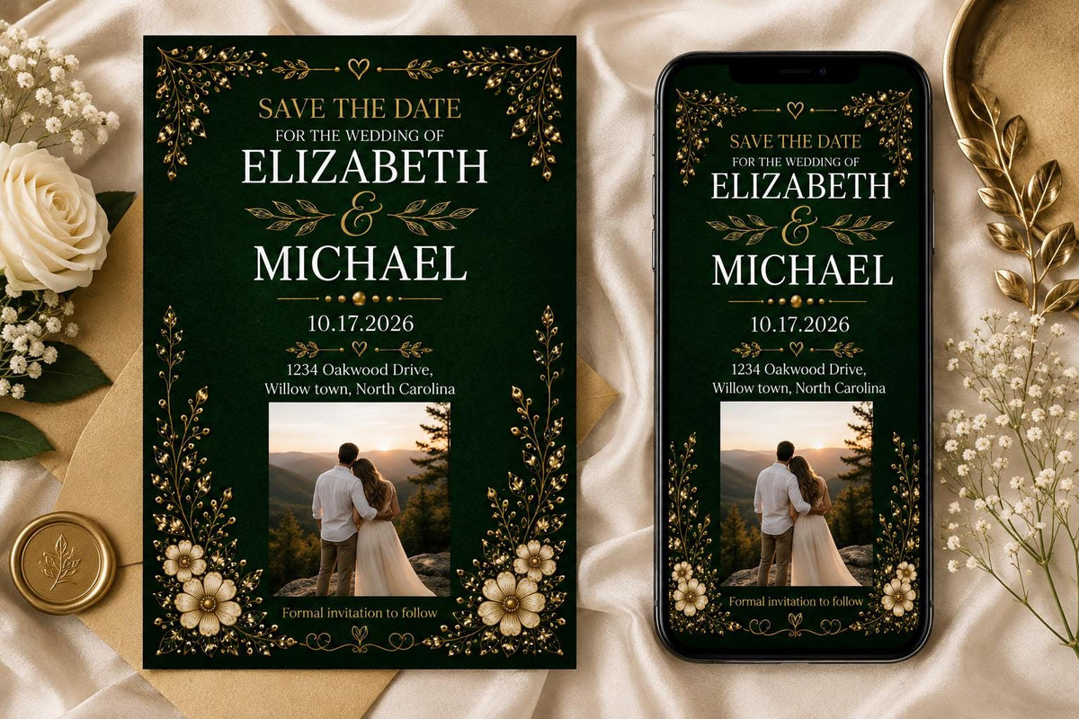 Emerald Green and Gold Wedding Invitation Suite