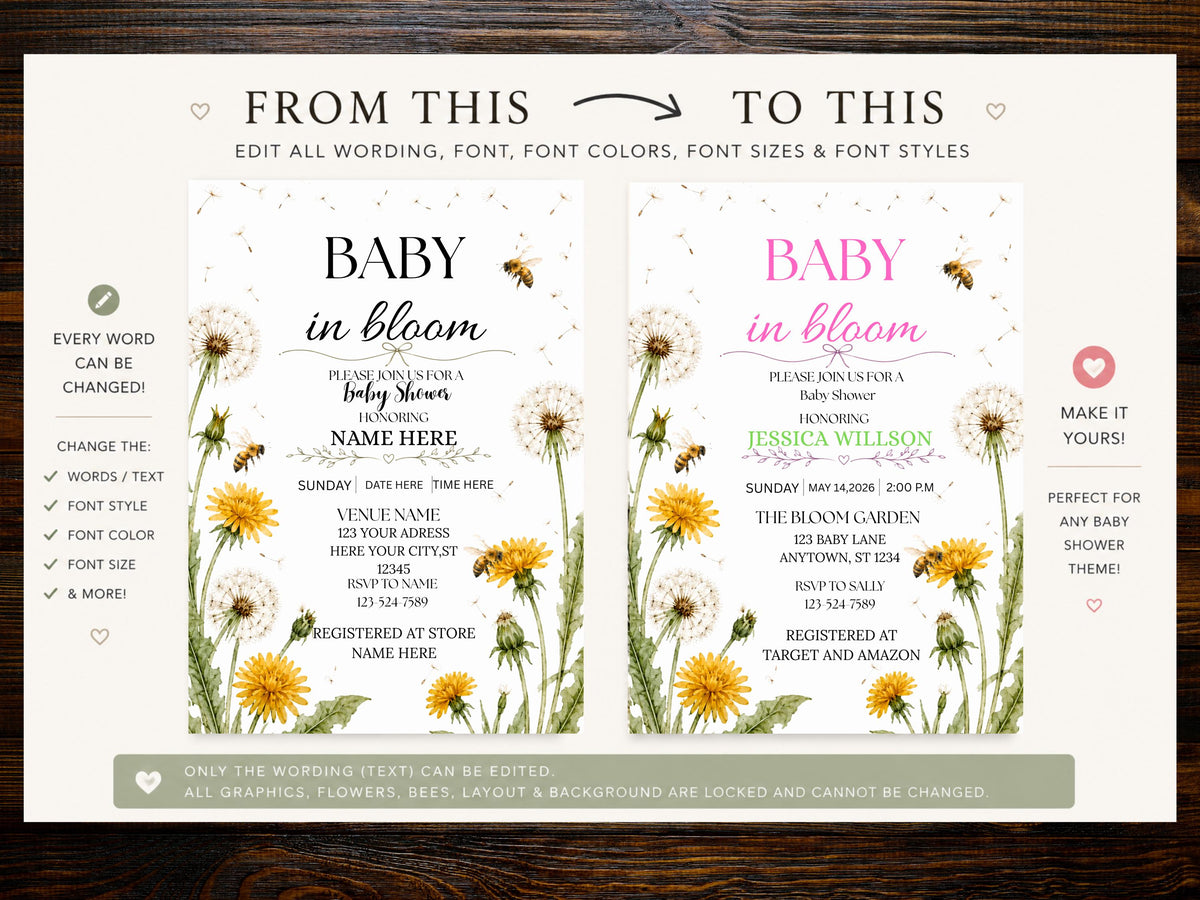 Baby In Bloom Dandelion Baby Shower Invitation Template (Digital Download)