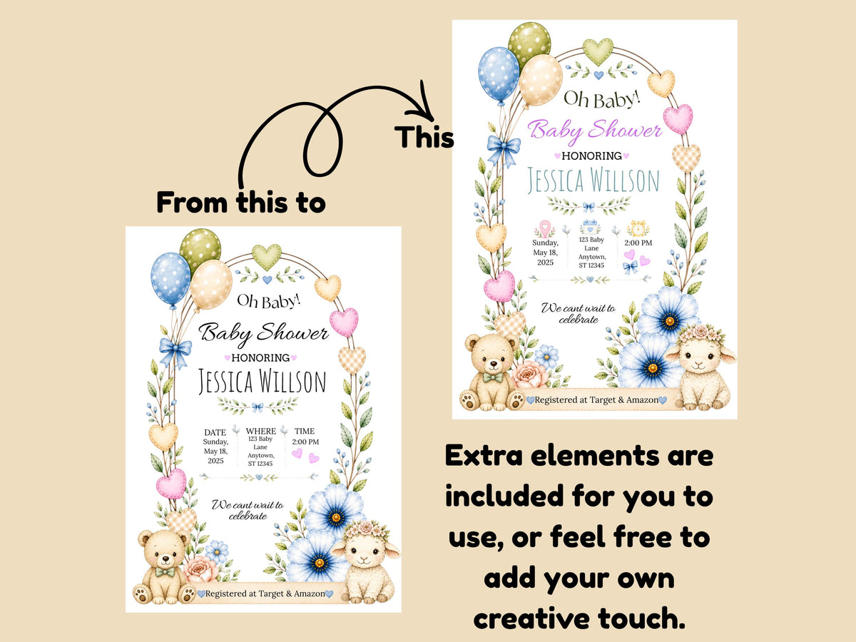 Teddy Bear Lamb Baby Shower Invitation Template (Digital Download)