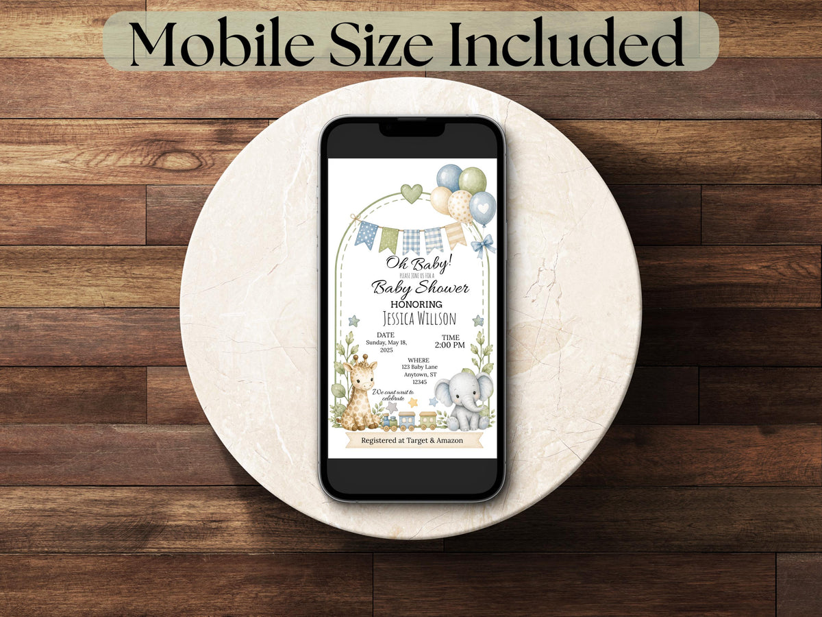 Safari Baby Shower Invitation Template Editable Canva Baby Boy Invite Jungle Animals Digital Download