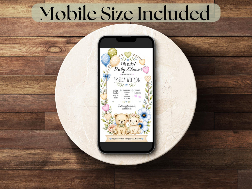 Teddy Bear Lamb Baby Shower Invitation Template (Digital Download)