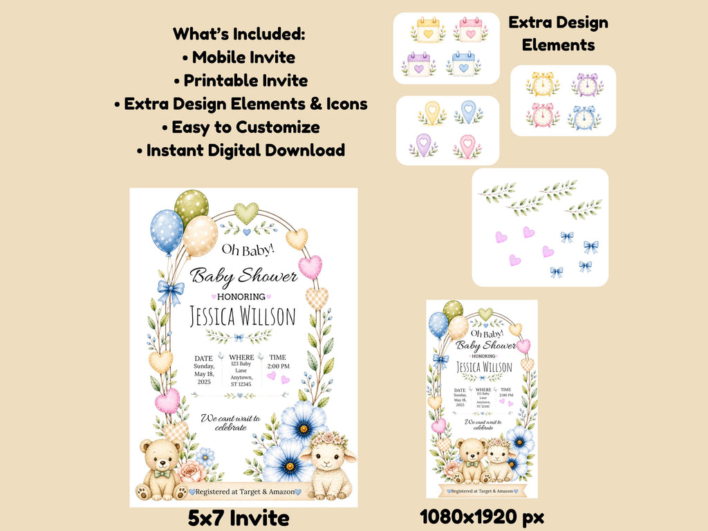 Teddy Bear Lamb Baby Shower Invitation Template (Digital Download)
