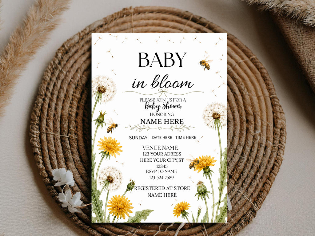 Baby In Bloom Dandelion Baby Shower Invitation Template (Digital Download)