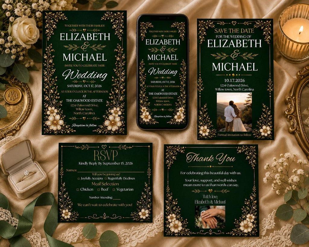 Emerald Green and Gold Wedding Invitation Suite