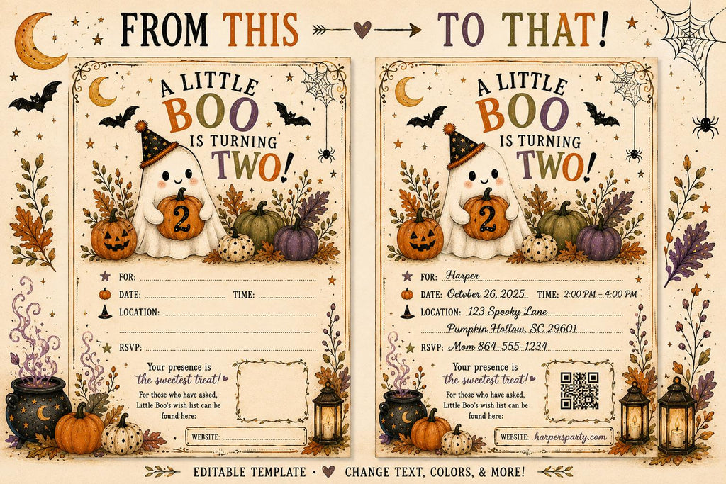 Vintage Halloween 2nd Birthday Invitation Template | Ghost Party Editable Canva | Printable & Mobile Digital Download