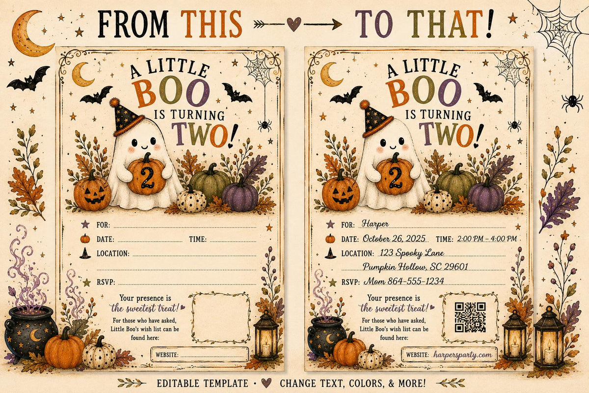 Vintage Halloween 2nd Birthday Invitation Template | Ghost Party Editable Canva | Printable & Mobile Digital Download