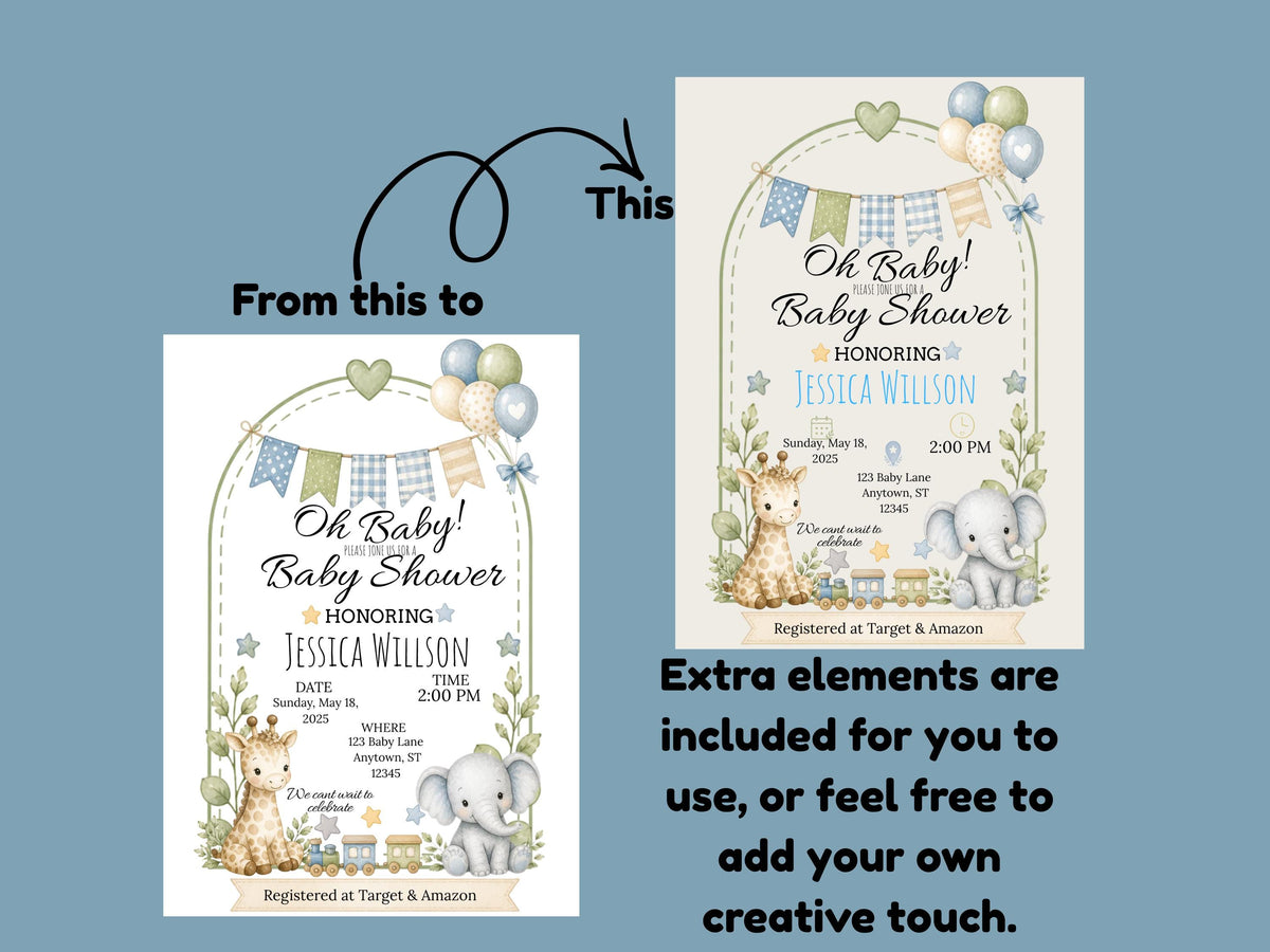 Safari Baby Shower Invitation Template Editable Canva Baby Boy Invite Jungle Animals Digital Download