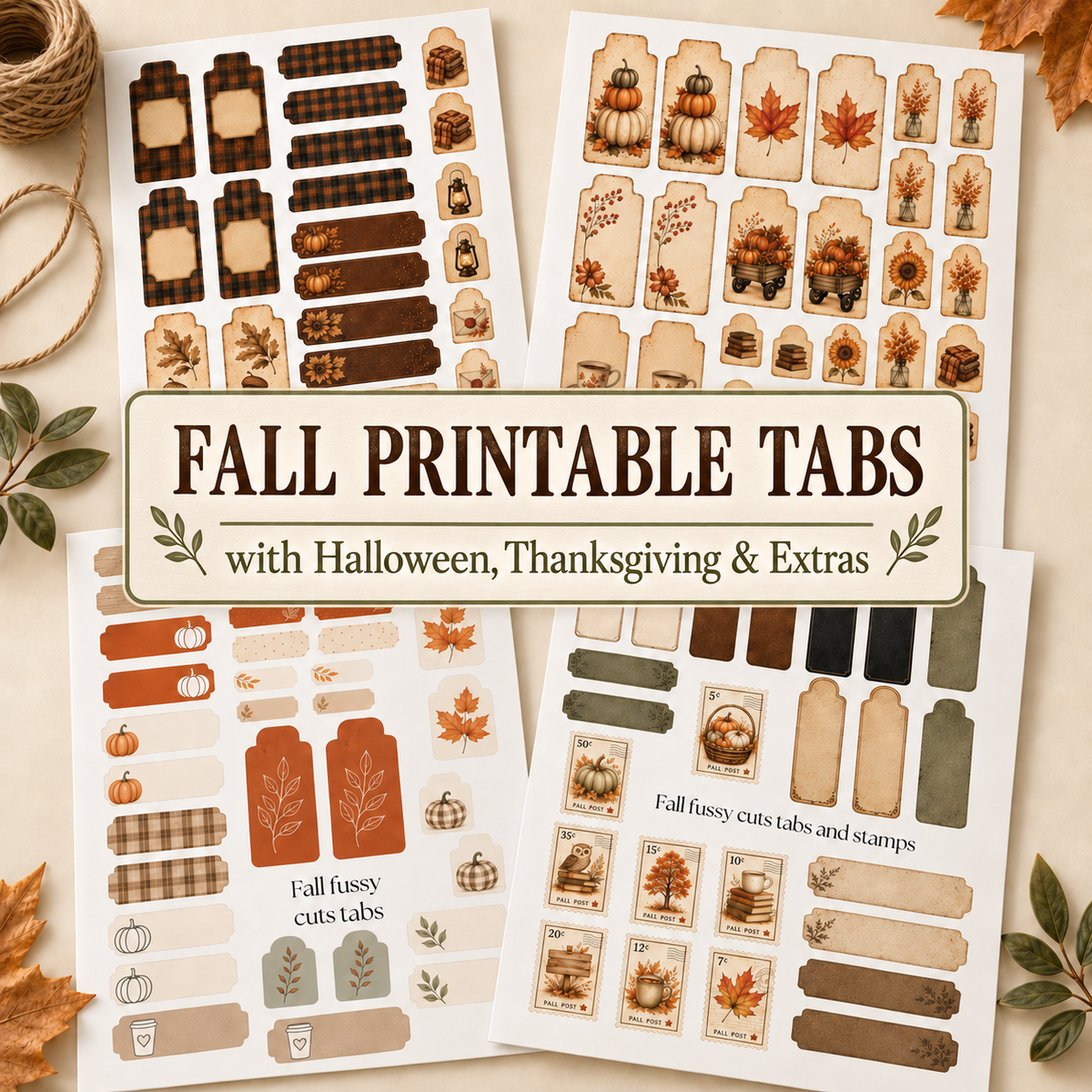 Fall Printable Tabs Bundle | Halloween & Thanksgiving Tabs, Tags, Stamps and Fussy Cuts