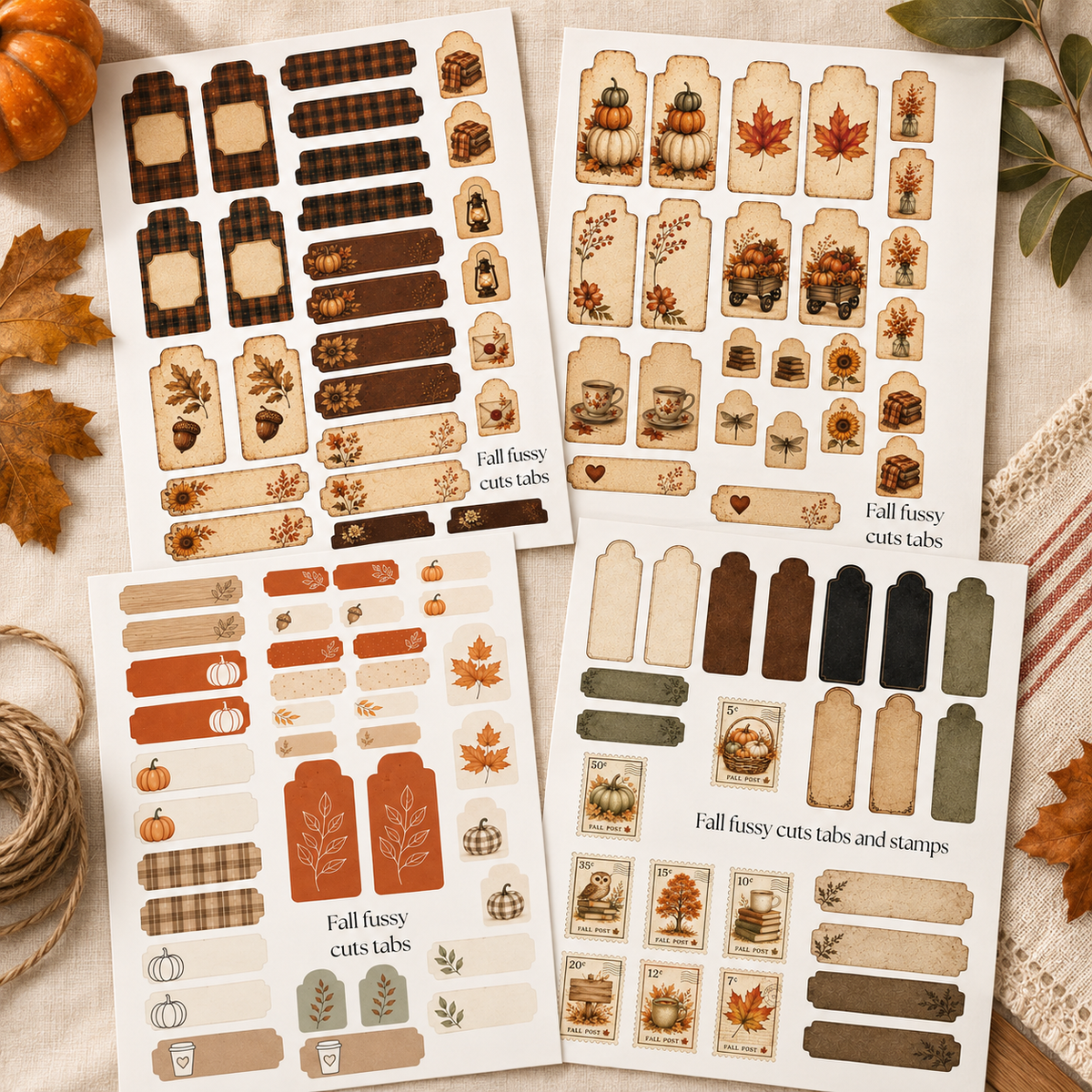 Fall Printable Tabs Bundle | Halloween & Thanksgiving Tabs, Tags, Stamps and Fussy Cuts