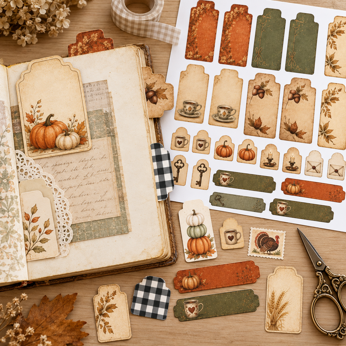 Fall Printable Tabs Bundle | Halloween & Thanksgiving Tabs, Tags, Stamps and Fussy Cuts