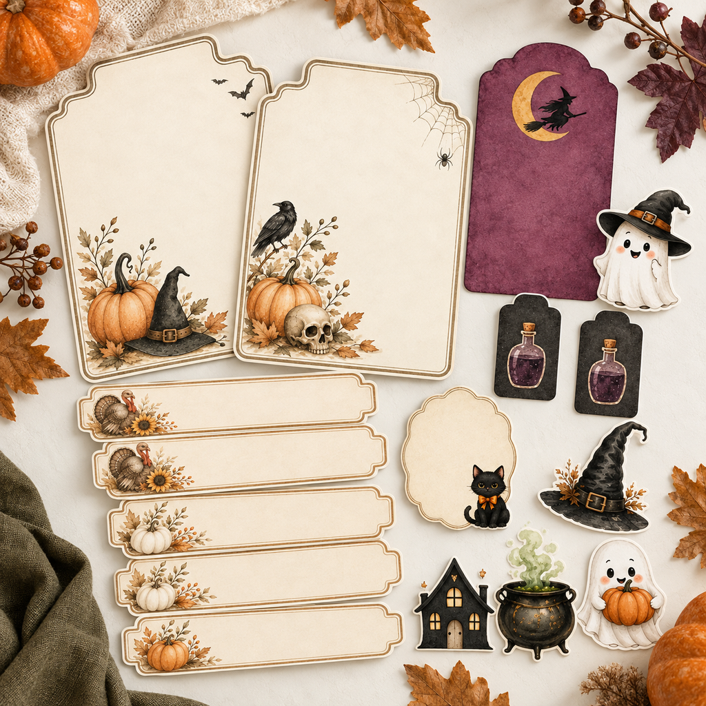 Fall Printable Tabs Bundle | Halloween & Thanksgiving Tabs, Tags, Stamps and Fussy Cuts