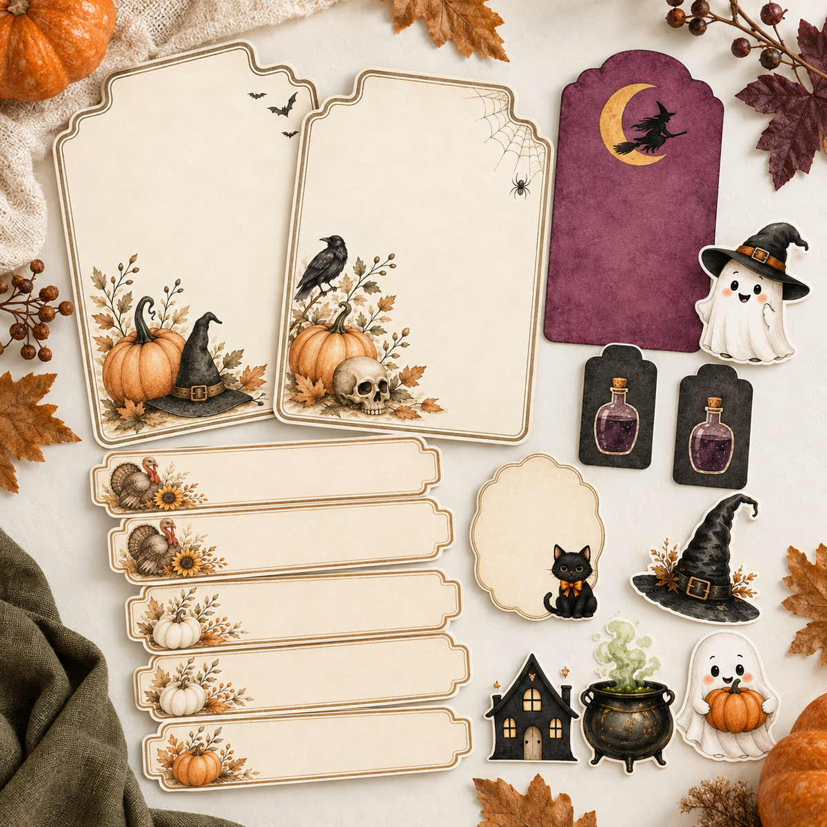 Fall Printable Tabs Bundle | Halloween & Thanksgiving Tabs, Tags, Stamps and Fussy Cuts