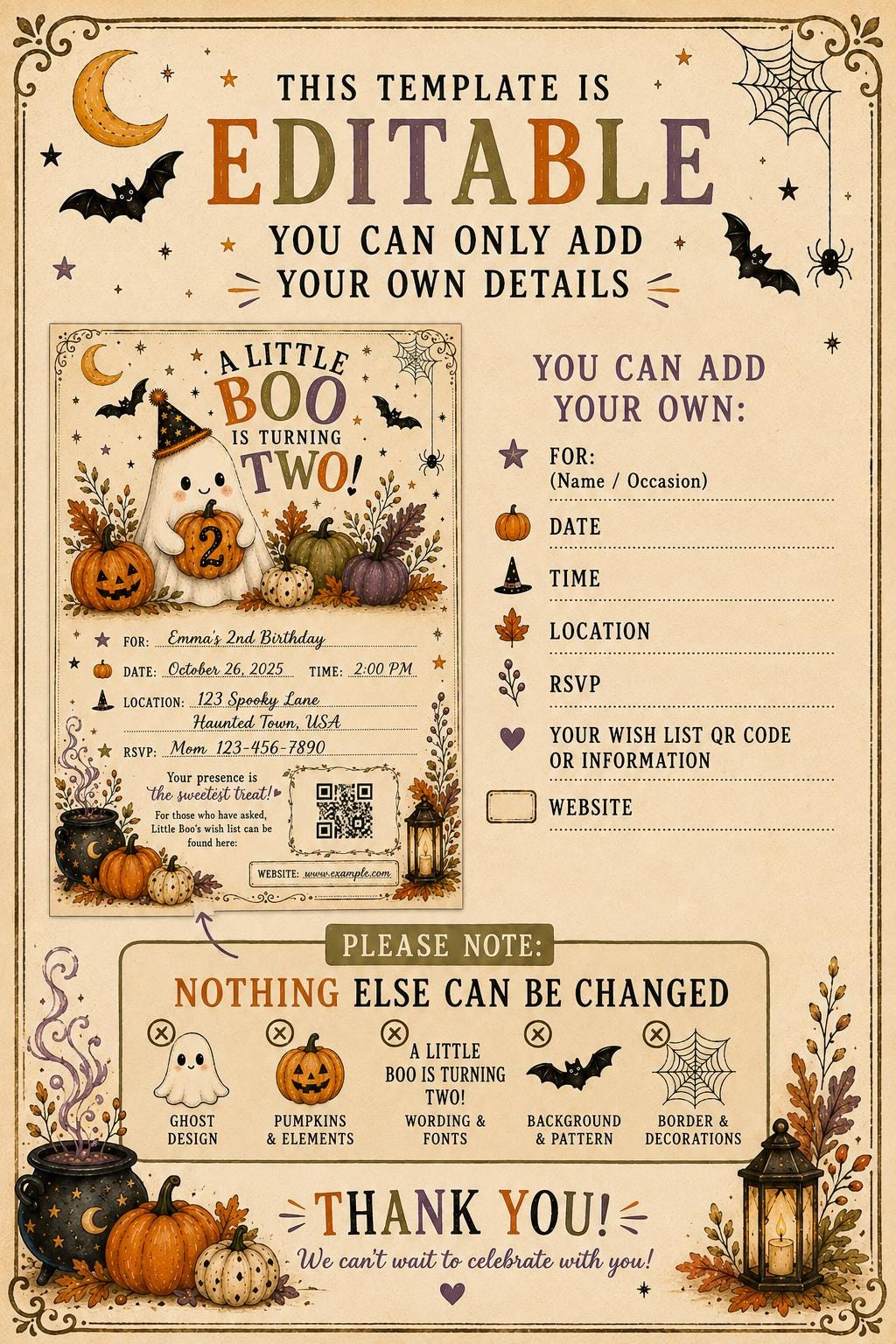 Vintage Halloween 2nd Birthday Invitation Template | Ghost Party Editable Canva | Printable & Mobile Digital Download
