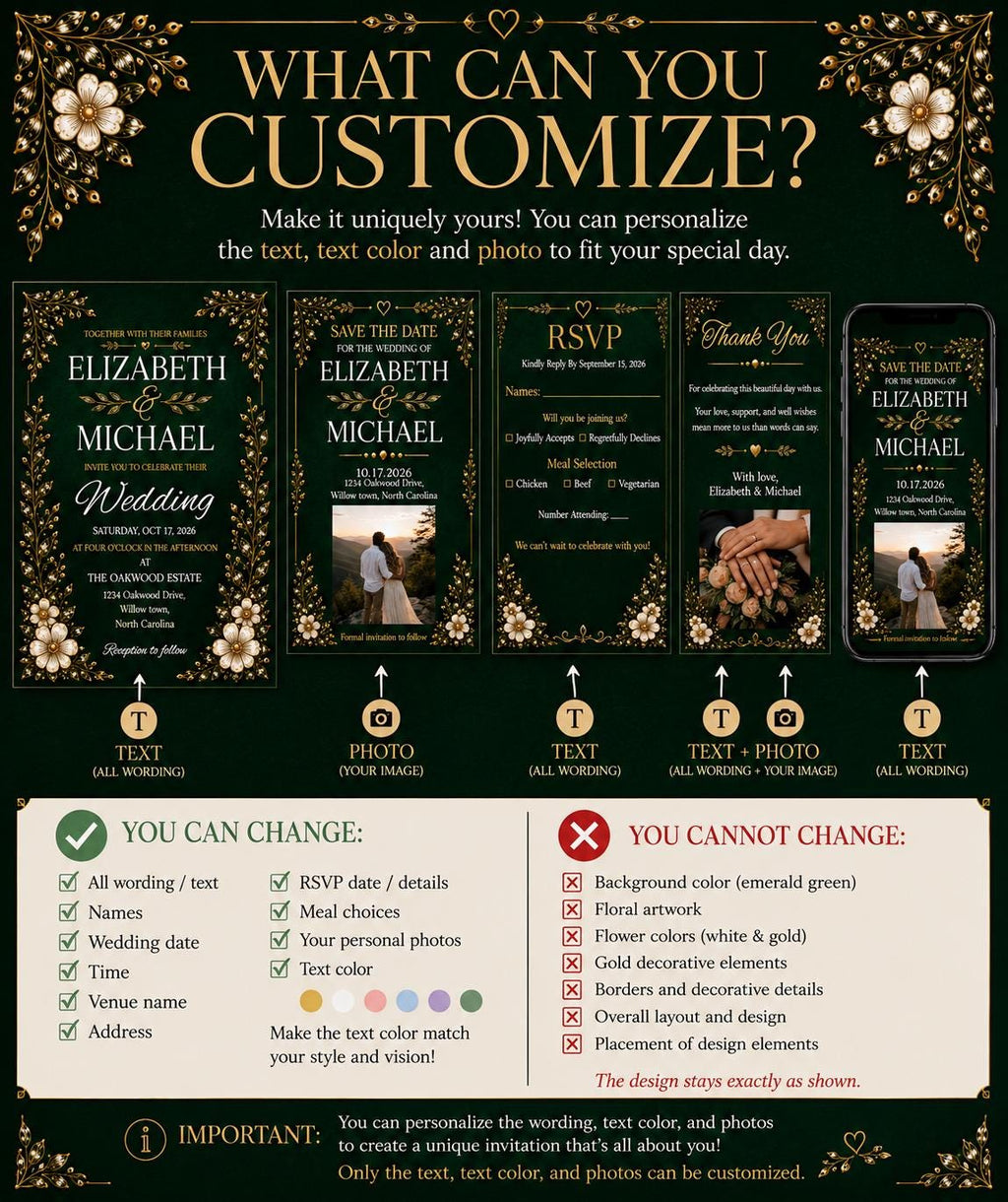 Emerald Green and Gold Wedding Invitation Suite
