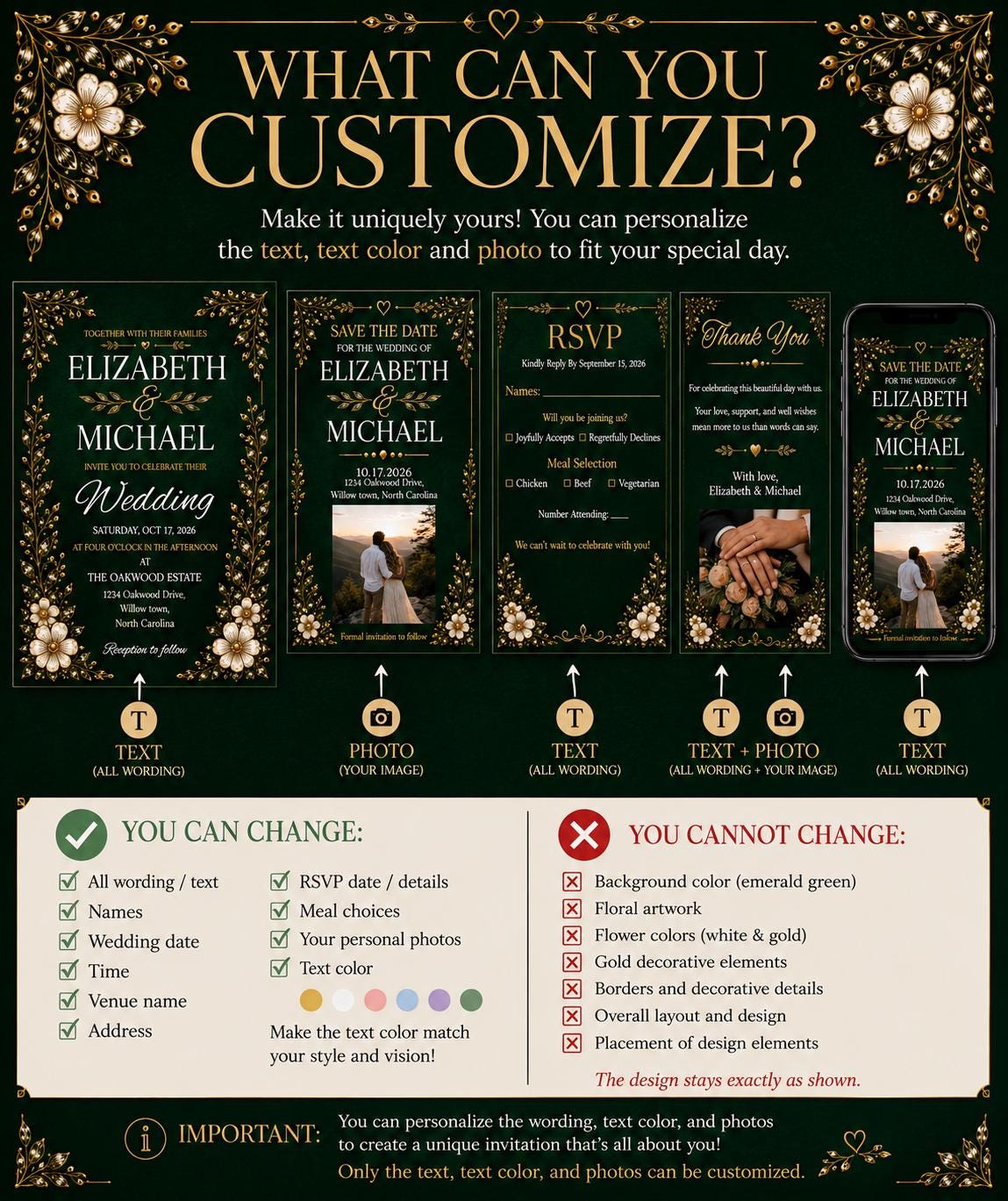 Emerald Green and Gold Wedding Invitation Suite