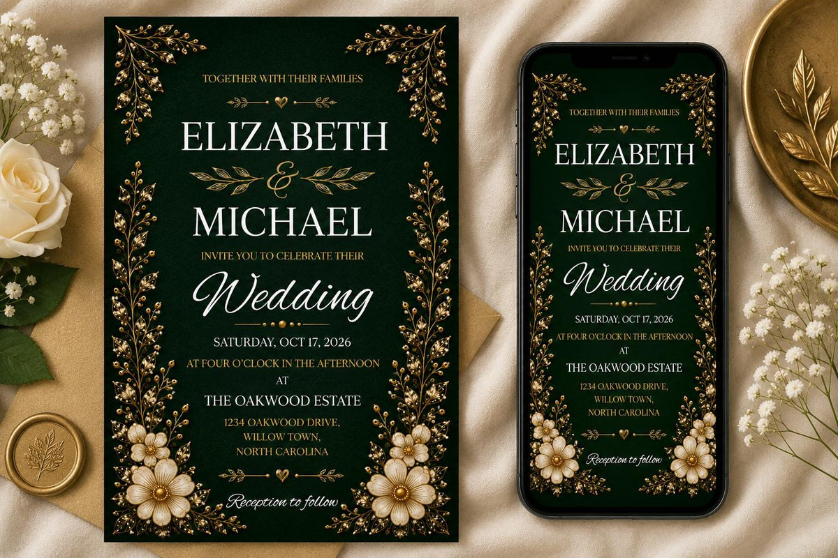 Emerald Green and Gold Wedding Invitation Suite